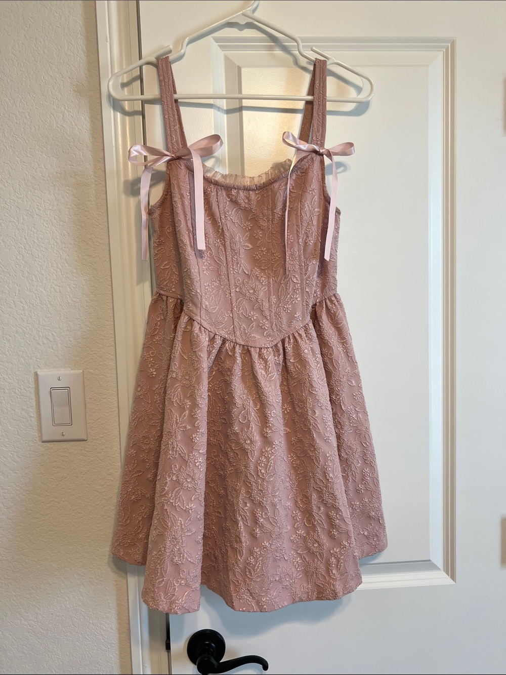 Trixxi Pink Lace Fit-and-Flare Dress with Bow Straps